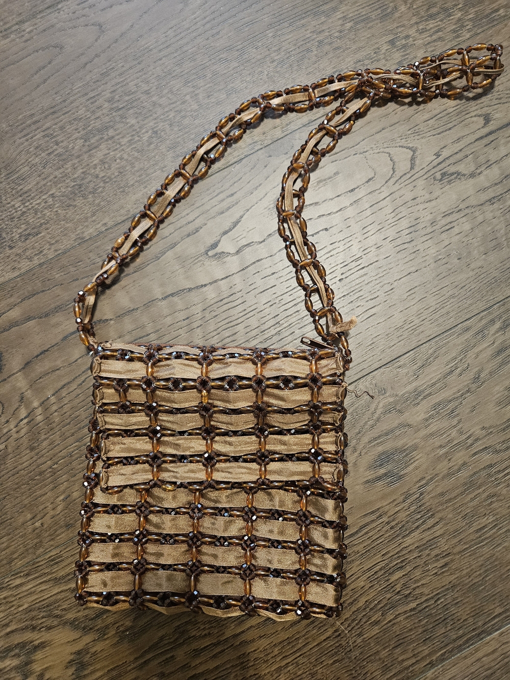 Source Unknown Brown Beaded Woven Crossbody Bag